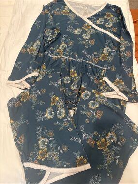 Teal Floral Wrap Pajama Set with Cream Trim